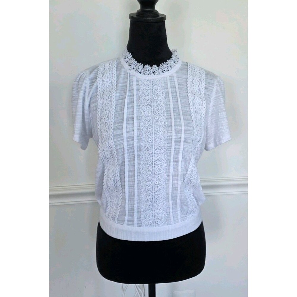 SELF ESTEEM White Lace Mock Neck Blouse Women's Tie Back Embroidered Top S